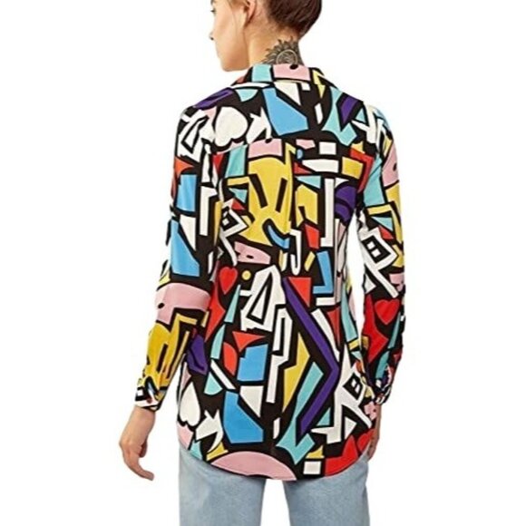 Abstract  printed color block colorful oversized button up shirt women Small/Med - Picture 2 of 16